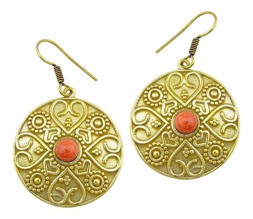 Ohrringe Sandstein Herz Kreis Dreiecke Messing Ohrhänger orange nickelfrei antik golden Tribal Brass - chic - net.de