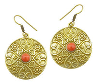 Cargar imagen en el visor de la galería, Ohrringe Sandstein Herz Kreis Dreiecke Messing Ohrhänger orange nickelfrei antik golden Tribal Brass - chic - net.de
