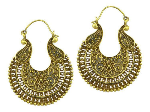 Ohrringe Sichel Blume oxidiert Tropfen verziert Messing antik golden nickelfrei Tribal Piercing - chic - net.de