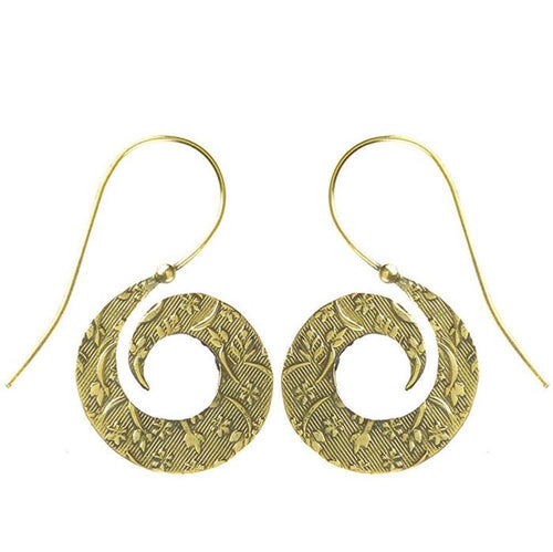Ohrringe Spirale Blüten schraffiert Messing antik golden Tribal Ohrhänger nickelfrei Piercing - chic - net.de