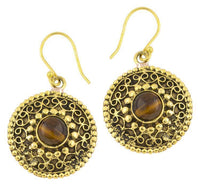 Load image into Gallery viewer, Ohrringe Tigerauge Kreise rund Spiralbögen Messing antik golden Tribal 22 mm - chic - net.de
