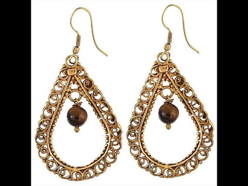 Ohrringe Tigerauge Kugel Tropfen Schnörkel Messing antik golden nickelfrei Ohrhänger Tribal Brass - chic - net.de