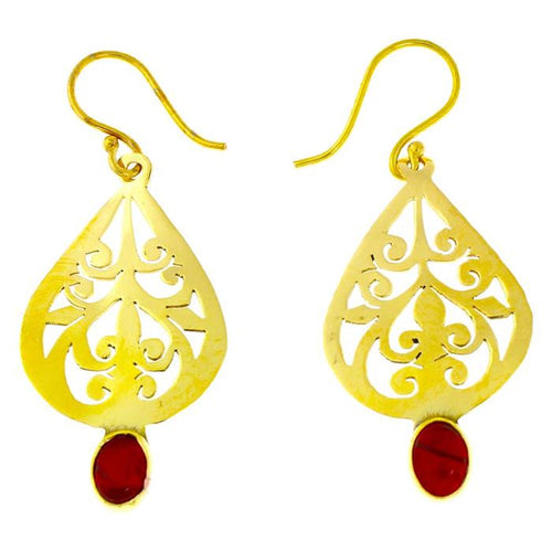 Ohrringe Träne Muster Rubin oval glänzend Messing antik golden Tribal Ohrhänger nickelfrei Vintage - chic - net.de