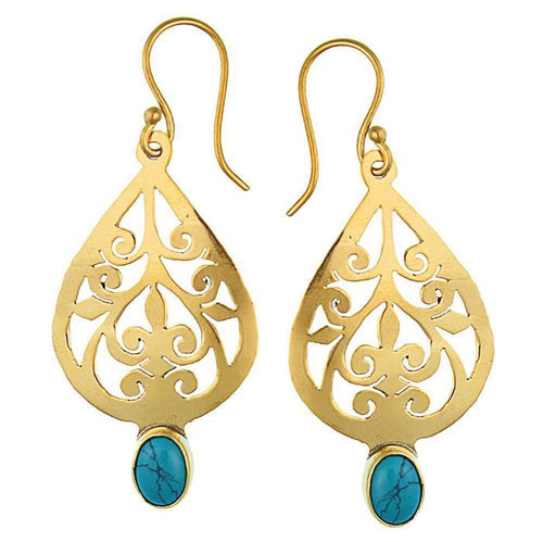 Ohrringe Tropfen Türkis oval glänzend Messing Brass antik golden Tribal Ohrhänger nickelfrei Schmuck - chic - net.de