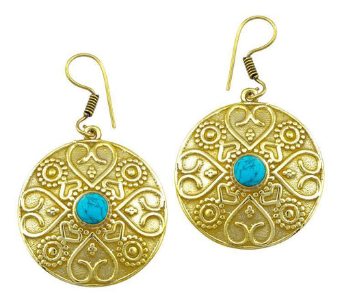 Ohrringe Türkis Herz Kreis Dreiecke Messing Ohrhänger golden nickelfrei antik Damenohrring Tribal - chic - net.de