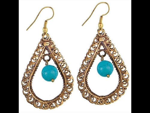 Ohrringe Türkis Kugel Tropfen Schnörkel Messing antik golden nickelfrei Ohrhänger Tribal Brass - chic - net.de