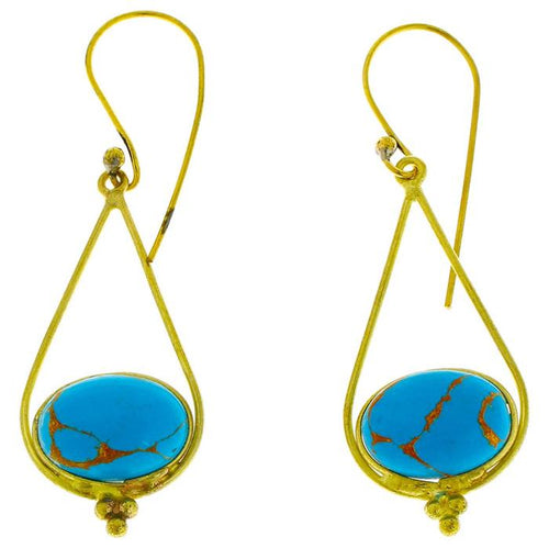 Ohrringe Türkis oval Tropfen Dreieck Punkte Messing antik golden Damen Ohrhänger nickelfrei Tribal - chic - net.de