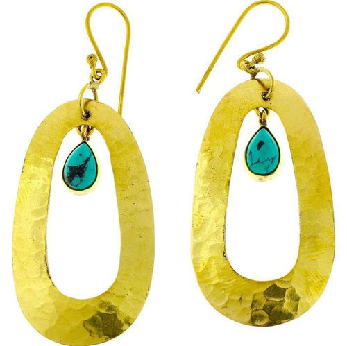 Ohrringe Türkis Tropfen oval gehämmert Messing antik golden nickelfrei Ohrhänger Tribal Brass - chic - net.de