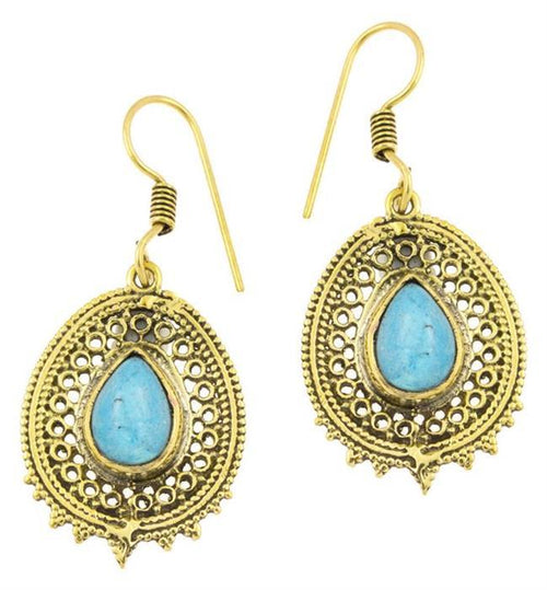 Ohrringe Türkis Tropfen oval Zacken Kreise Messing antik golden Tribal - chic - net.de