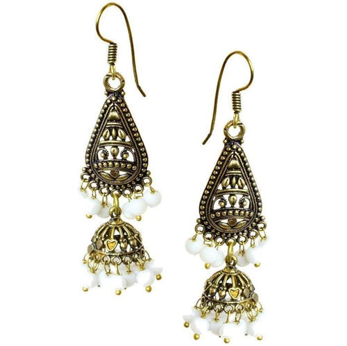 Ohrringe weiß Tropfen Ringe Halbkugel 50 mm Stein Messing antik golden Ohrhänger nickelfrei Tribal - chic - net.de