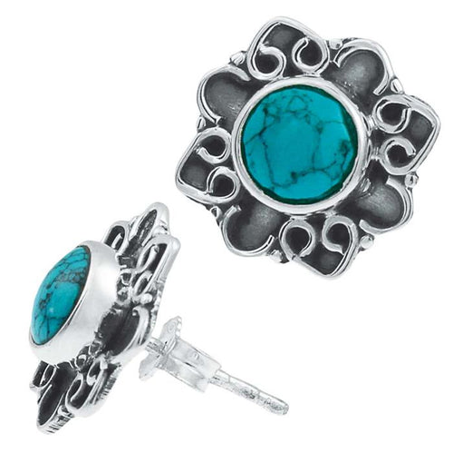 Ohrstecker Türkis rund, silber Rand Blume verschnörkelt Herz Ohrringe 925er Sterlingsilber - chic - net.de
