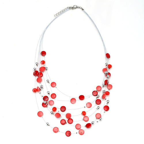 Schmuckset Damen Kette rot Steine silberfarben Ohrringe Perlen flach rund 50 cm Karabiner - chic - net.de