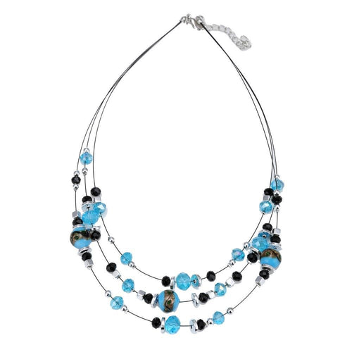 Schmuckset Kette Perlen blau schwarz Glasperlen Ohrringe blau Halskette Damen Schmuckdraht verstellbar ca 46 cm - chic - net.de