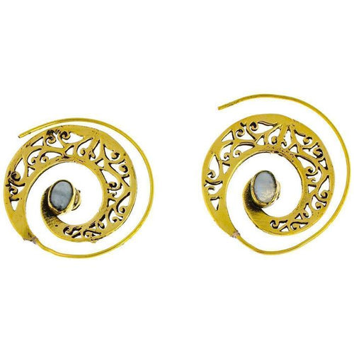 Spiralen Ohrringe breit gestanzt Mondstein oval Messing antik golden nickelfrei Piercing Tribal - chic - net.de