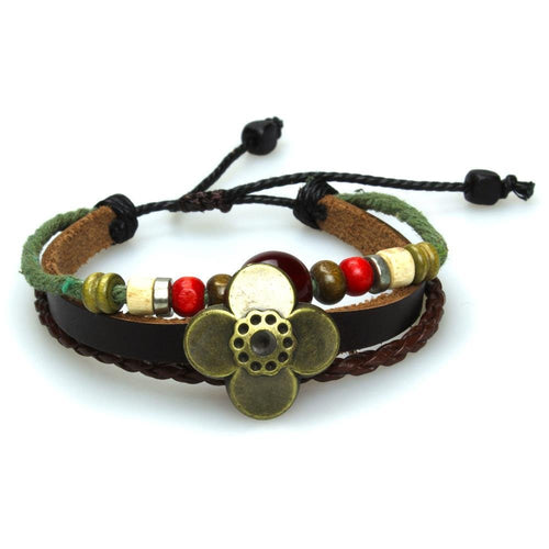 Surfer Lederarmband Blume Katzenauge rot Band Brass geflochten verstellbar Holz Leder Perlen - chic - net.de