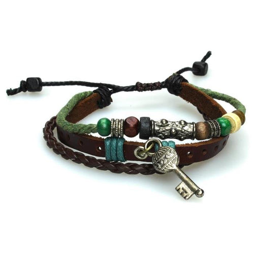 Surfer Lederarmband Blume Perlen Schlüssel Band Brass geflochten verstellbar Leder grün blau - chic - net.de