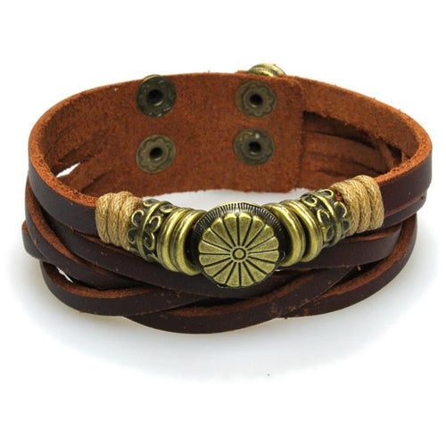 Surfer Lederarmband Blume Ringe geflochten braun Brass Schnur verstellbar Leder breit nickelfrei - chic - net.de
