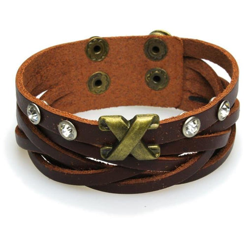 Surfer Lederarmband geflochten braun Brass X Kristalle weiß verstellbar Leder breit nickelfrei - chic - net.de