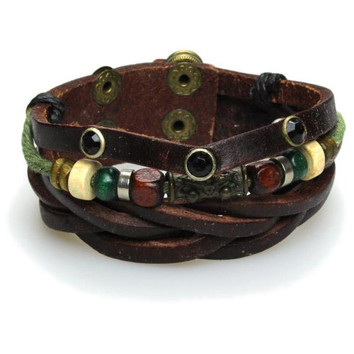 Surfer Lederarmband geflochten Perlen Brass Kristalle schwarz verstellbar Leder breit nickelfrei - chic - net.de
