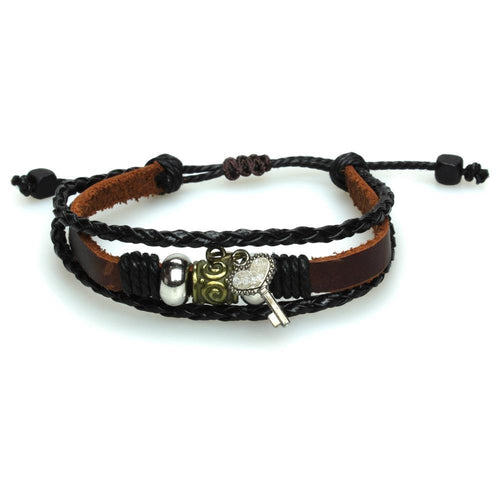 Surfer Lederarmband Herz Schlüssel braun schwarz Band Brass geflochten verstellbar Leder nickelfrei - chic - net.de