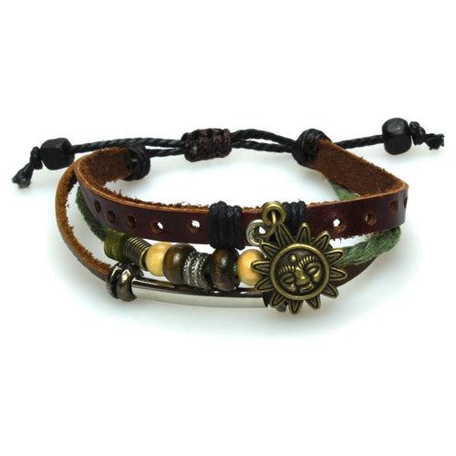 Surfer Lederarmband Sonne Gesicht Löcher Band Holz Brass verstellbar Leder Schnur Perlen nickelfrei - chic - net.de