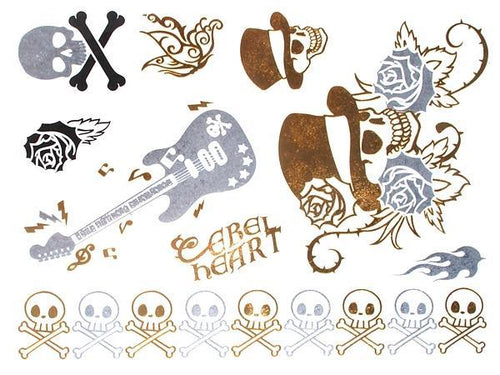 Tattoo golden silbern temporär Motivbogen Klebetattoos Skull Gitarre Rose Schmuck Tattoos - chic - net.de
