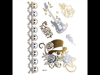 Cargar imagen en el visor de la galería, Tattoo Motivbogen golden silbern temporär Gitarre Totenkopf Rosen Klebetattoos Schmuck Tattoos - chic - net.de
