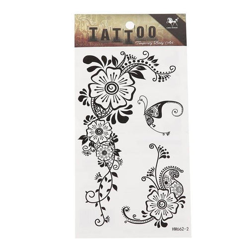 Tattoo schwarz Blumen Ranken Blätter Schmetterling Schnörkel temporär Klebetattoos - chic - net.de