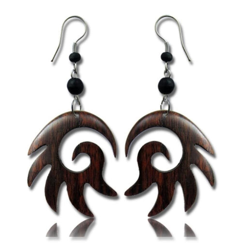 Tribal Ohrringe Zacken Spirale Narra Holz Edelstahl braun Perlen schwarz Ohrhänger nickelfrei - chic - net.de