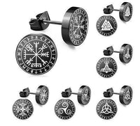 Load image into Gallery viewer, Eight pairs of Edelstahl Ohrstecker schwarz 8-10mm Viking Celtic Nordic, each with unique white Norse and Celtic runic designs, are displayed on a white background.
