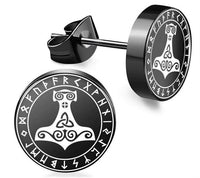 Load image into Gallery viewer, The Edelstahl Ohrstecker schwarz 8-10mm Viking Celtic Nordic features a stylized Mjolnir (Thor's hammer) design with a circular border of Viking symbols for a bold, Celtic-inspired look.
