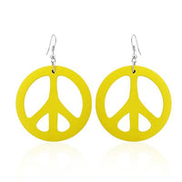 Load image into Gallery viewer, A pair of colorful, round Holzohrringe (50 mm) with cut-out Peace symbols and nickel-free stainless steel hooks, shown on a plain white background.
