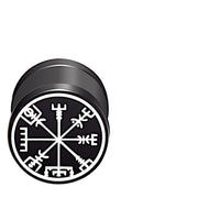 Cargar imagen en el visor de la galería, The Fake Piercing Plug Viking schwarz Edelstahl 10mm features a black cylindrical design with a white Vegvisir symbol on its face, blending ancient Viking style with modern elegance against a plain white background.
