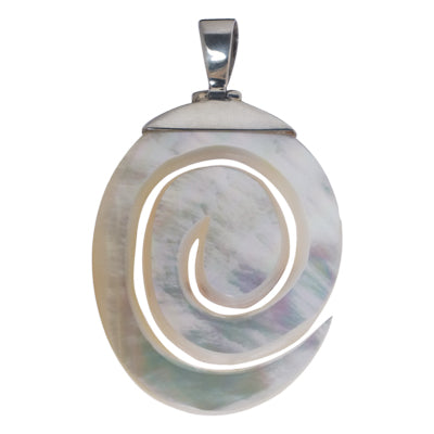 Perlmutt-Anhänger, ovaler spiralförmiger Damenanhänger aus 925er Sterlingsilber und Perlmutt, ca. 51 x35 mm