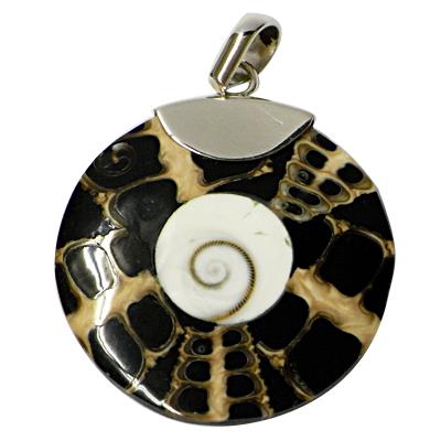 Muschel Anhänger Spidermuschel-Anhänger mit eingefasstem Shivaauge und Silberaufhänger, schwarz-beige, ca. 25 mm Ø