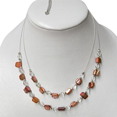 Damen Kette zweilagig Perlenkette rötlich Glasperlen Perlmutt Muscheln 42- 48 cm nickelfrei