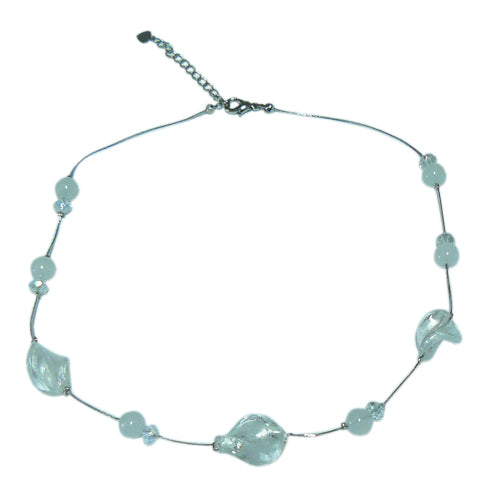 Damen Kette Achat Perlen oval gewunden Glitzer Glasperlen weiß 42- 48 cm Karabiner nickelfrei
