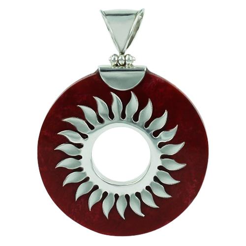 Korallenanhänger, runder Korallenanhänger mit silbernem Sonnenmuster, aus 925er Sterlingsilber, hangefertigt, ca. 40 mm Ø
