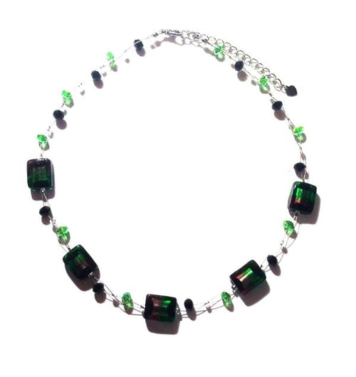Kette Glasperlen Collier Halskette Edelstahl Damen Glitzer Schmuck Perlen violett grün schwarz