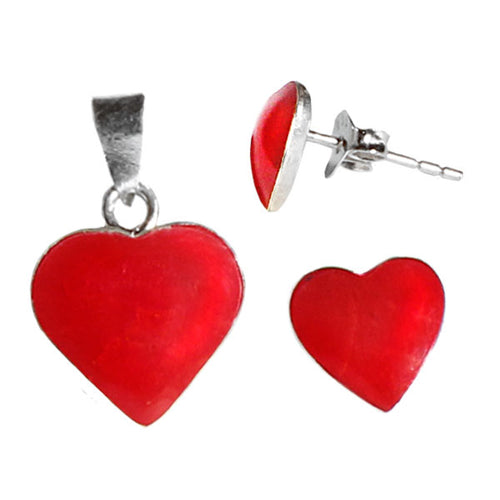Schmuckset Herz rot Koralle 925er Sterling Silber Anhänger Ohrstecker Ohrringe Damen Schmuck