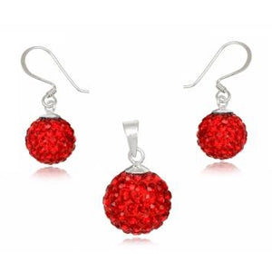 Glitzerschmuckset Rubin rot Kristall Glitzerkugel Anhänger Ohrringe Zirkonia 925er Silber Damen