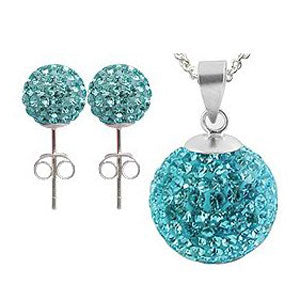 Glitzerschmuckset hell blau Kristall Glitzerkugel Anhänger Ohrstecker Zirkonia 925 Silber Damen