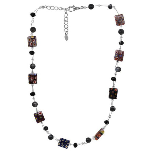 Damen Kette schwarz lila blau Muranoglas Blumen Rechteck Perlen Glasperlen 42-48 cm nickelfrei