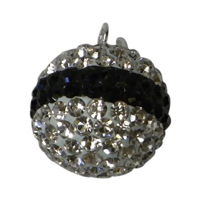 Streifen schwarz Glitzerkugel weiß Kristall Anhänger 15 mm 925er Sterling Silber Glitzer Karabiner