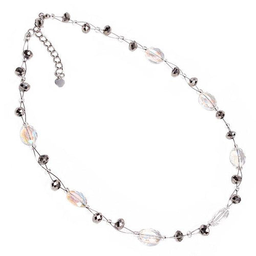 Kette Glasperlen oval Glitzer Schmuck weiß silber facettiert schillernd 42- 48 cm nickelfrei