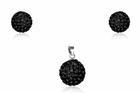 Glitzerschmuckset jet schwarz Kristall Glitzerkugel Anhänger Ohrstecker Zirkonia 925 Silber Damen