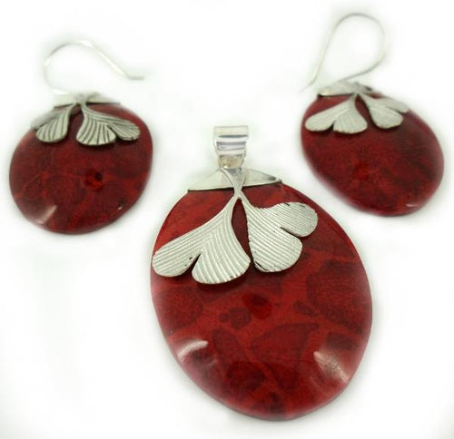 Schmuckset Koralle Ginkgo Blätter Rillen 925er Sterling Silber Anhänger Ohrringe Damen Schmuck
