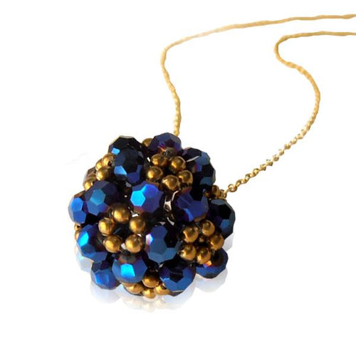 Brass Kette Glaskristalle Kugel Glitzer Schmuck blau facettiert gold nickelfrei Blumenmuster
