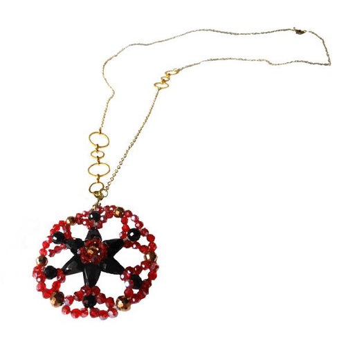 Brass Kette rot schwarz Anhänger rund Blume Glaskristalle facettiert gold nickelfrei Glitzer Schmuck
