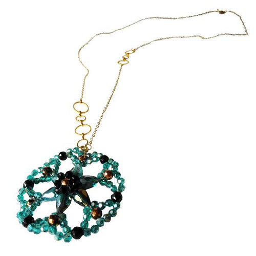 Brass Kette türkis schwarz Anhänger Blume Glaskristalle facettiert gold nickelfrei Glitzer Schmuck